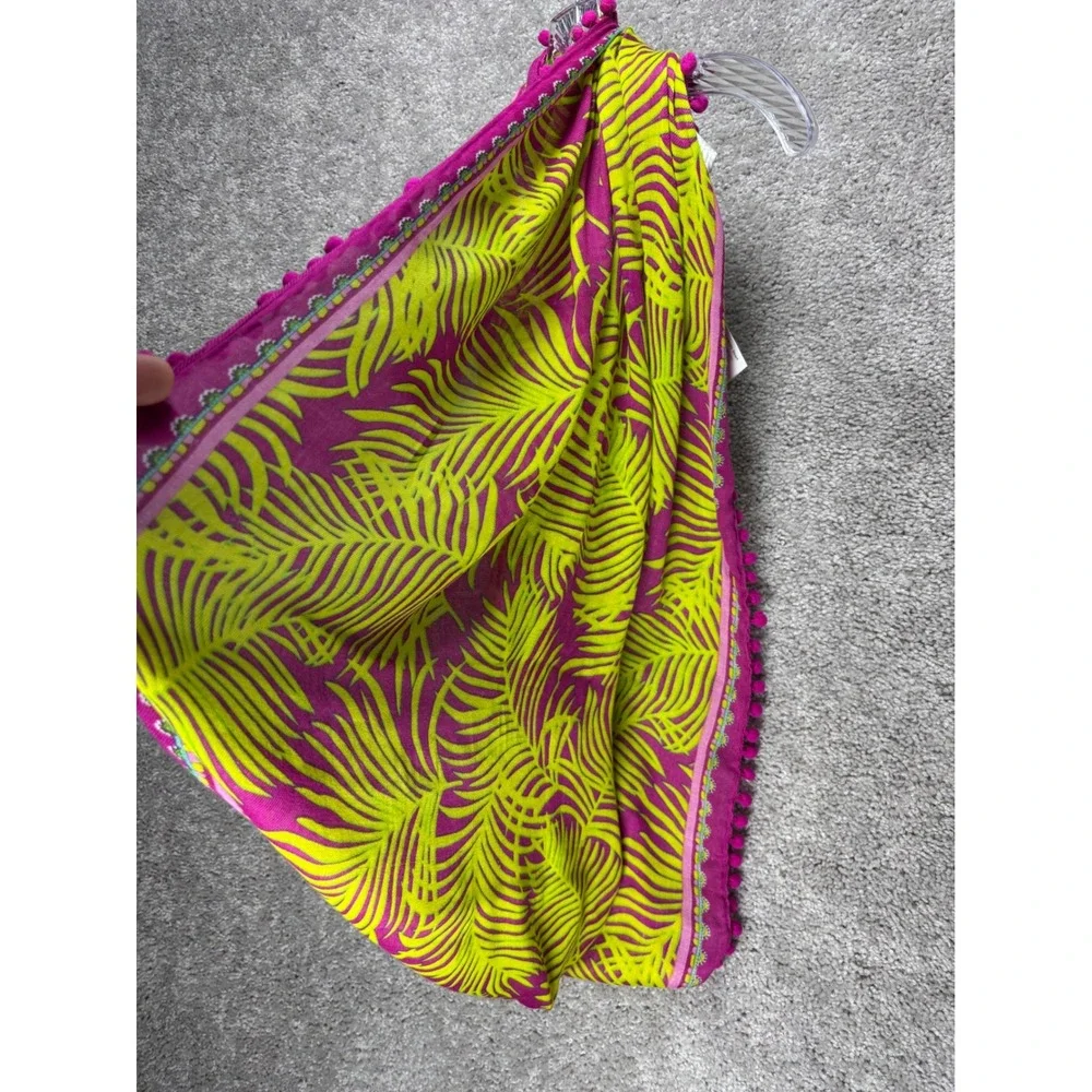 Vera Bradley‎ Palm Fronds Embellished Infinity Scarf Pink Lime Green Pom Pom NWT